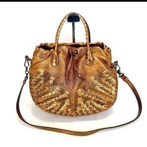 BOTTEGA VENETA Metallic Brown Bronze Intreciatto Leather 2way Pouch Shoulder Bag